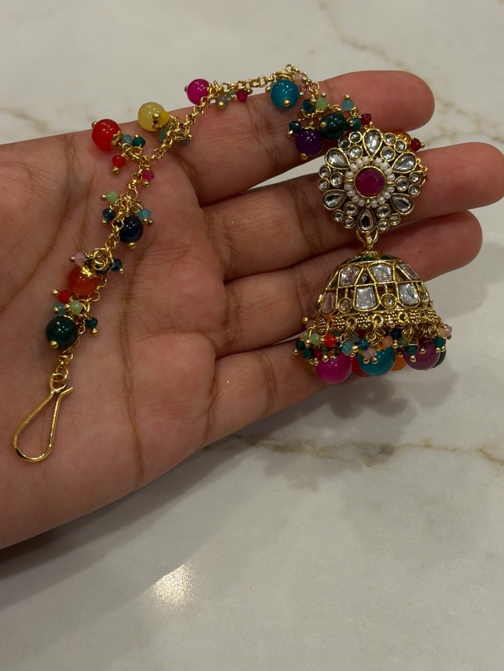 Colorful Kundan Jhumka Jewelry Set with Tikka & Hair Accessories | Indian